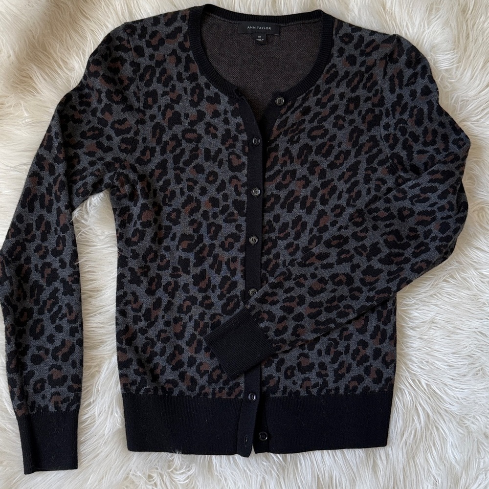 Ann Taylor Gray and Brown Leopard Print Button Cardigan